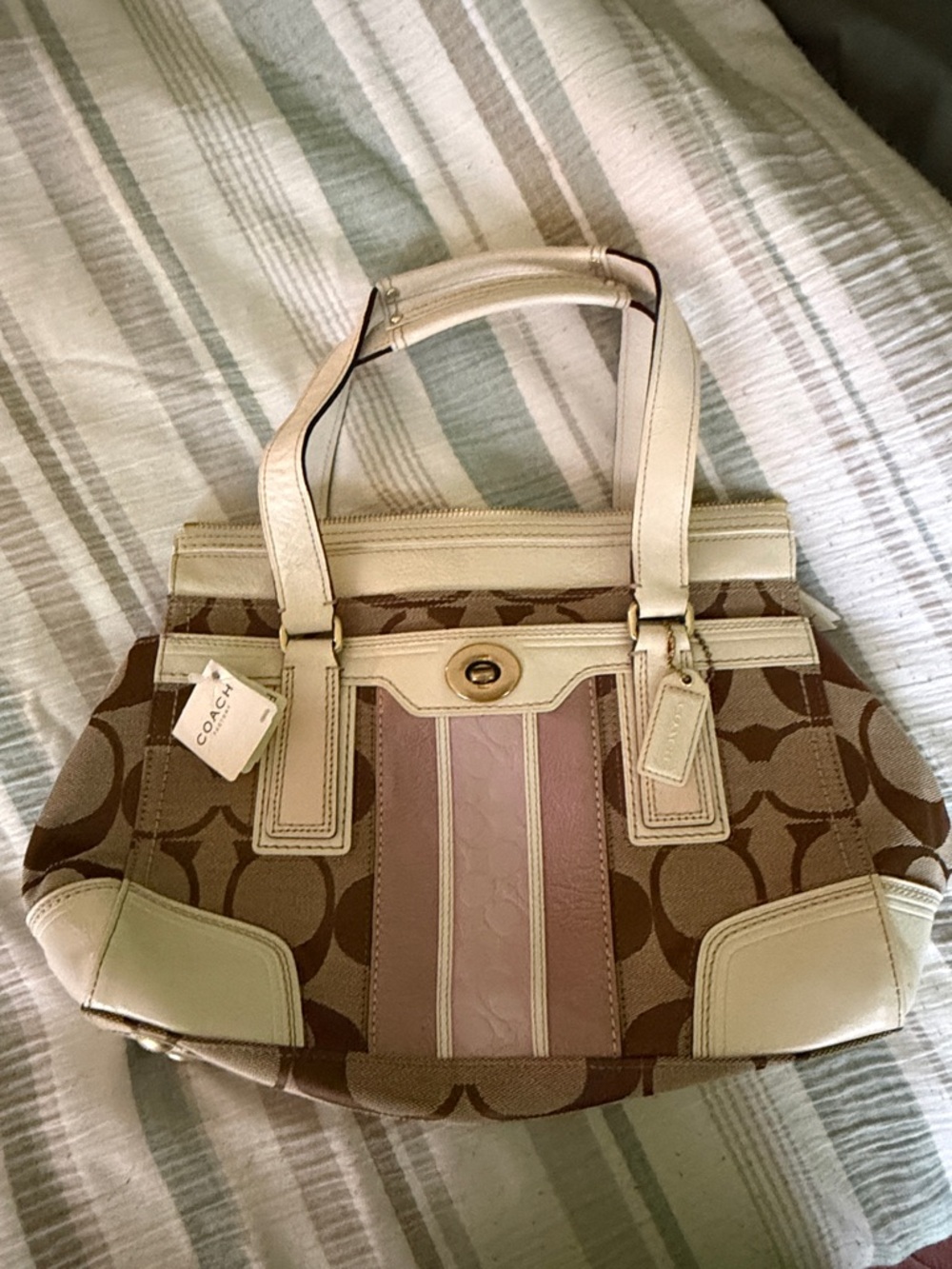 Authentic COACH Brown Logo Canvas Shoulder Bag with Cream Trim and Pink Stripe